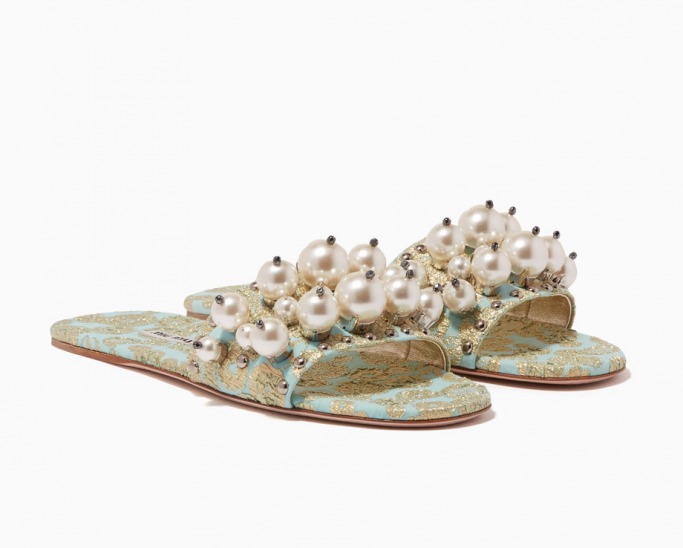 Miu Miu Light-Green Embellished Brocade Slides